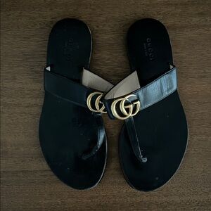 Gucci Black Leather Sandals with Gold Logo